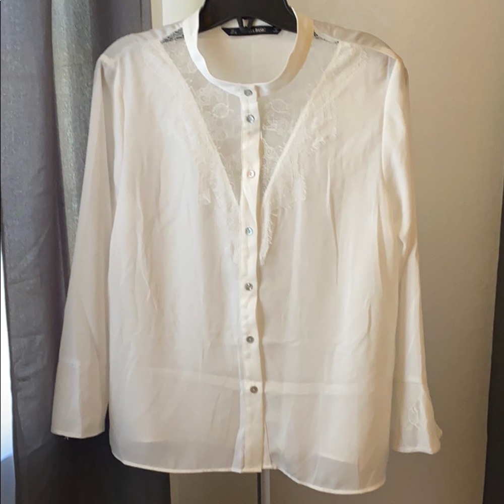 NWT ZARA woman white CONTRASTING LACE BLOUSE